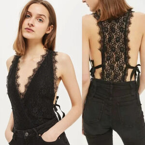 Topshop Black Lace Tie Side Plunge Bodysuit Sz 6 Whimsigoth‎ Rockstar Girlfriend